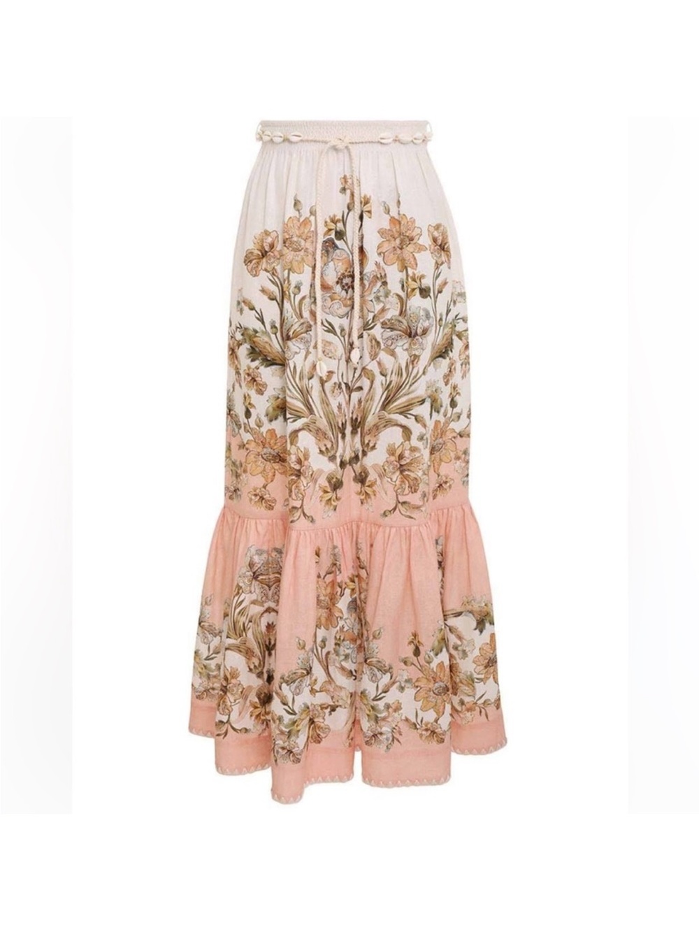Zimmermann Pink Daisy Chintz Floral Tiered Linen Maxi Skirt 6 8 Medium